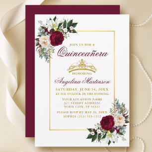 Elegant Burgundy Blommigt Greenery Quinceanera Gul Inbjudningar