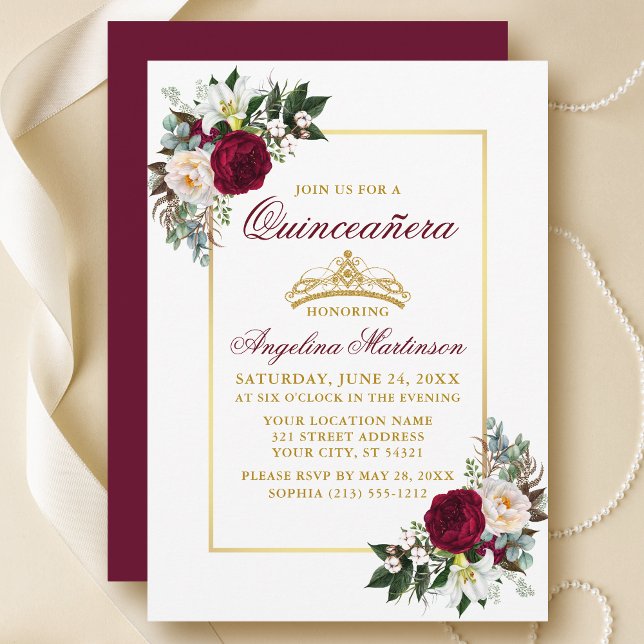 Elegant Burgundy Blommigt Greenery Quinceanera Gul Inbjudningar (Customize to change text color, style, add text & photos to back or change color of back of card.)