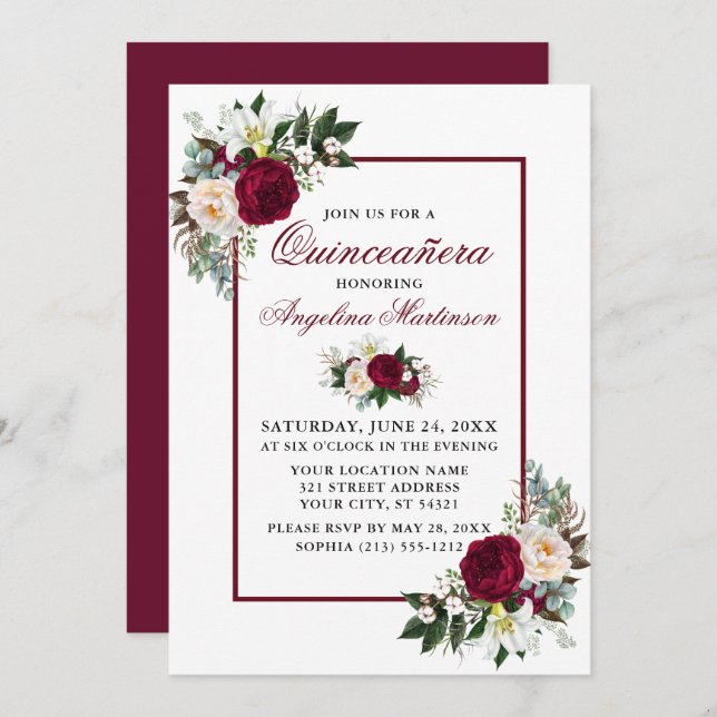 Elegant Burgundy Blommigt Greenery Quinceanera Par Inbjudningar (Fram/baksida)