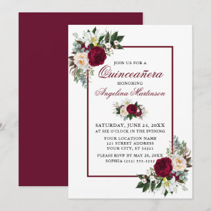Elegant Burgundy Blommigt Greenery Quinceanera Par Inbjudningar