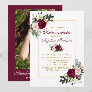 Elegant Burgundy Blommigt Greenery Quinceanera Pho Inbjudningar