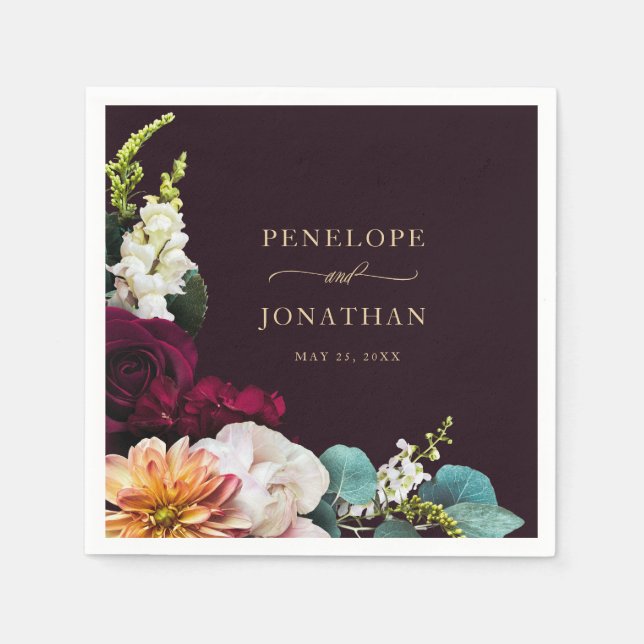 Elegant Burgundy Blommigt Guld-skript Bröllop Pappersservett (Framsidan)