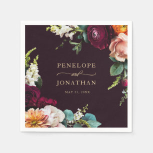 Elegant Burgundy Blommigt Guld-skript Bröllop Pappersservett