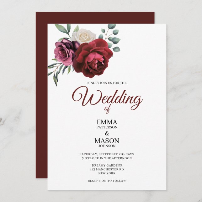 Elegant Burgundy-Blommigt Inbjudningar (Fram/baksida)