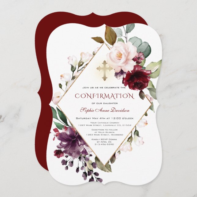 Elegant Burgundy  Blommigt Kor bekräftelse Inbjudningar (Fram/baksida)