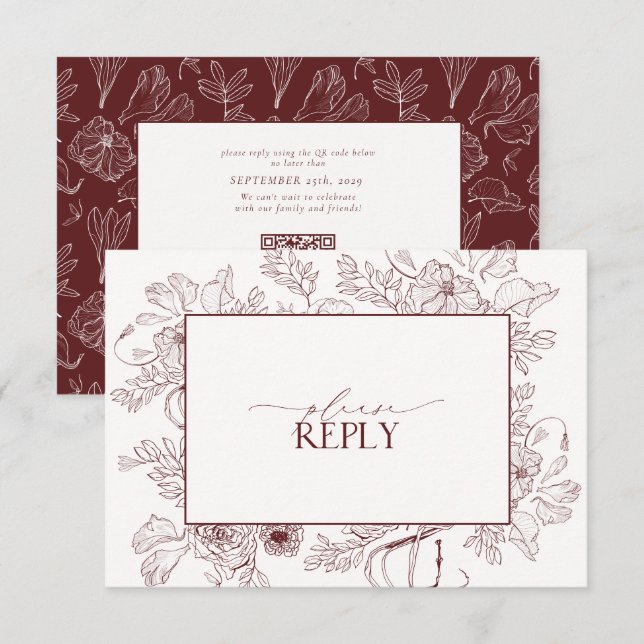 Elegant Burgundy Blommigt Line Art Bröllop QR-kod OSA Kort (Fram/baksida)