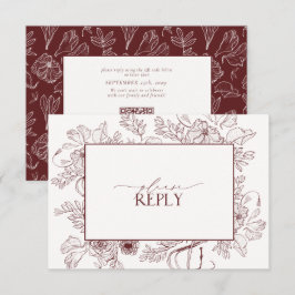 Elegant Burgundy Blommigt Line Art Bröllop QR-kod OSA Kort