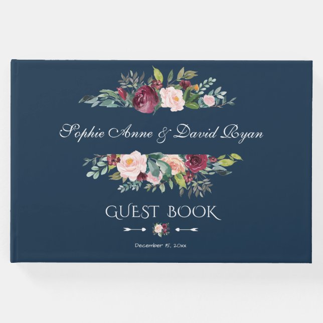 Elegant Burgundy  Blommigt Navy Blue Bröllop Gästböcker (Framsida)