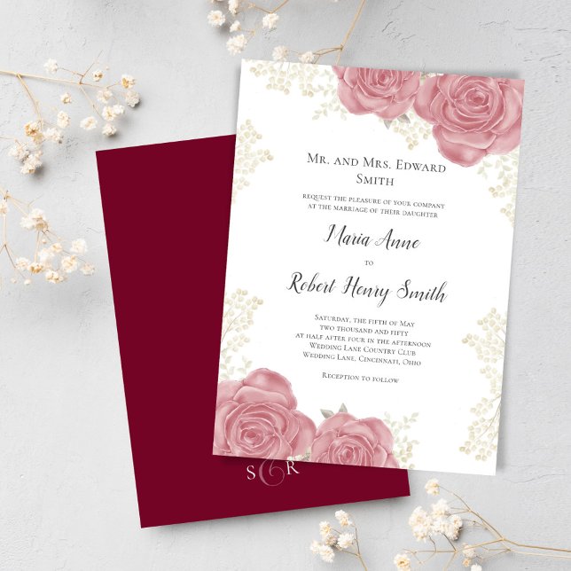 Elegant Burgundy Blommigt Personligt bröllp Inbjudningar (Elegant burgundy wedding invitation.)