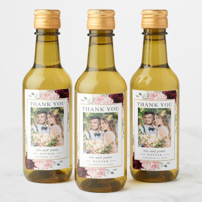 Elegant Burgundy  Blommigt Photo Bröllop Vinetikett (Flaskor)