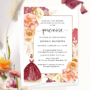 Elegant Burgundy Blommigt Princess Quinceañera Inbjudningar