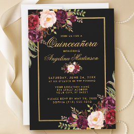 Elegant Burgundy Blommigt Quinceanera Black Guld Inbjudningar