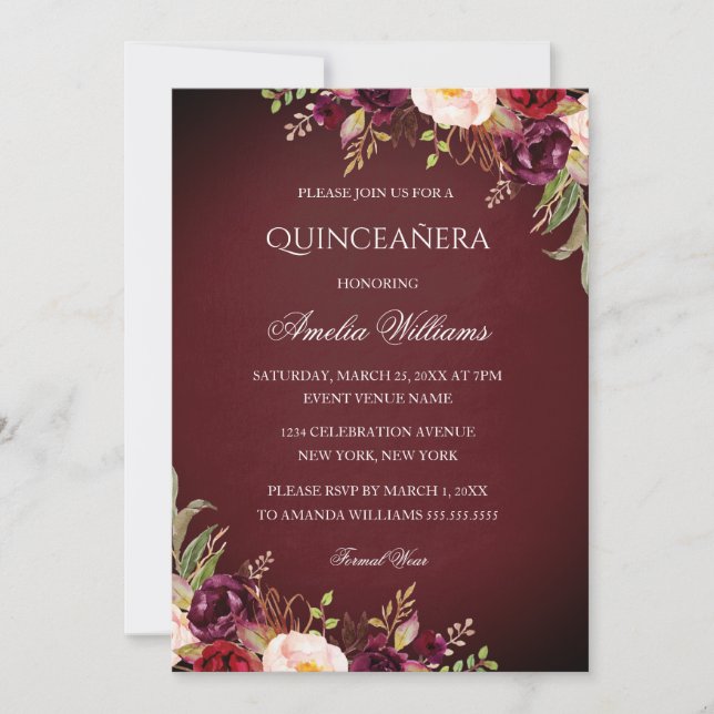 Elegant Burgundy Blommigt Quinceanera-inbjudan Inbjudningar (Framsida)
