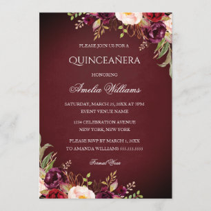 Elegant Burgundy Blommigt Quinceanera-inbjudan Inbjudningar