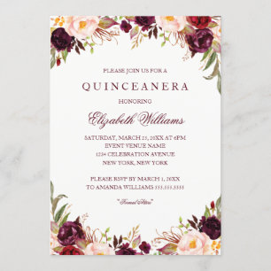 Elegant Burgundy Blommigt Quinceanera-inbjudan Inbjudningar