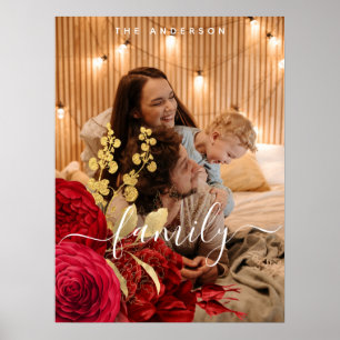 Elegant Burgundy Blommigt Script-familjfoto Poster