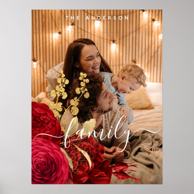 Elegant Burgundy Blommigt Script-familjfoto Poster (Framsidan)