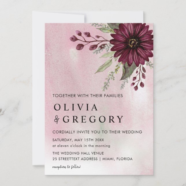 Elegant Burgundy Blommigt Watercolor Bröllop Inbjudningar (Framsida)