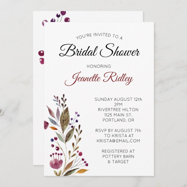 Elegant Burgundy Blommigt Watercolor Möhippa Inbjudningar (Fram/baksida)