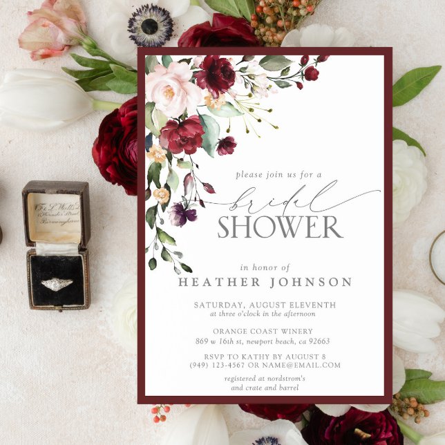 Elegant Burgundy Blommigt Watercolor Möhippa Inbjudningar (Easily personalize this beautiful fall bridal shower invitation for a very special event)
