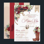 Elegant Burgundy Blommigt Winter Charro Quinceaner Inbjudningar<br><div class="desc">Den röda och grå charroinbjudan till blommigten i vit ros är underbar för en vintersäsong, men kan användas när som helst! Med vacker, djup burgundröd, maronröd och gräddbesprutad vit ros och en blommigt av boho-ludd, en svart charro sombrero, rep och cowgirl-boots med en blombukett. All text är helt och hållet...</div>