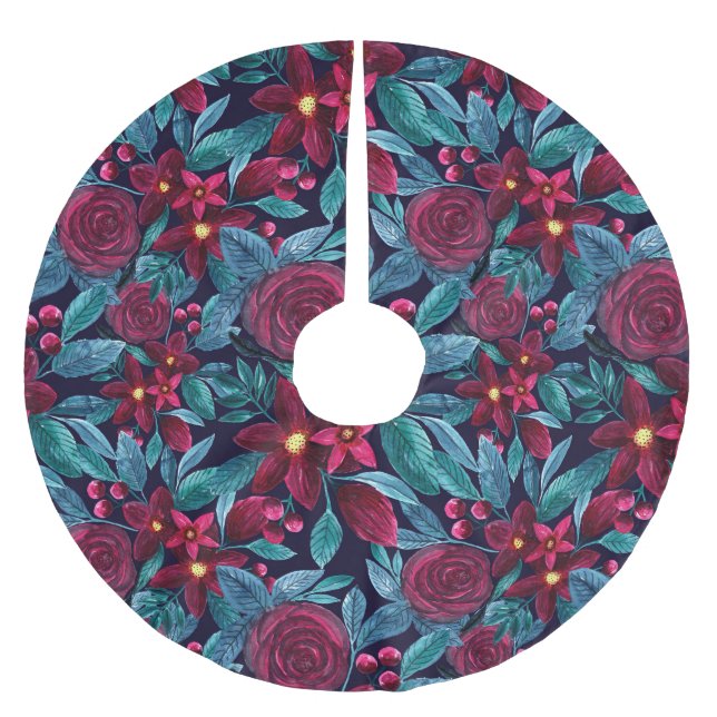 Elegant Burgundy-Blommigten i julafton Vattenfärg Julgransmatta Borstad Polyester (Framsidan)