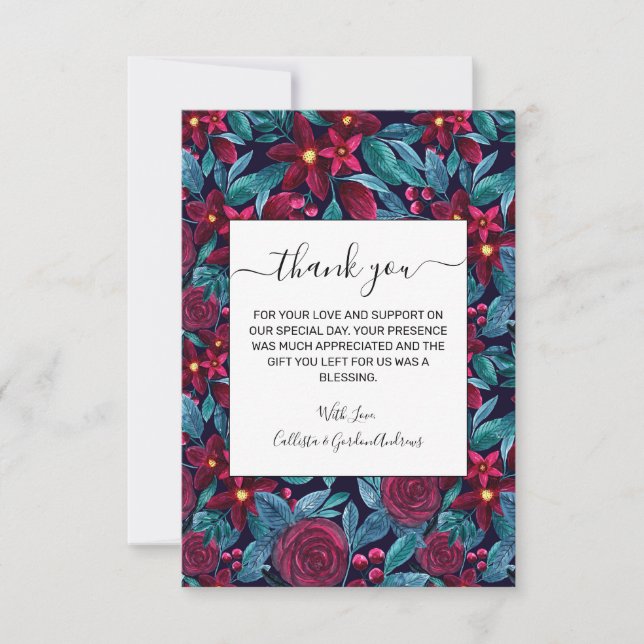 Elegant Burgundy-Blommigten i julafton Vattenfärg Tack Kort (Framsida)