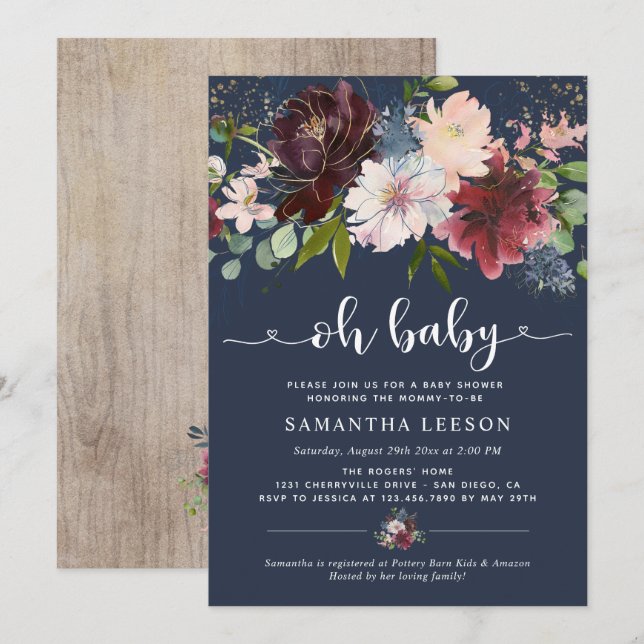 Elegant Burgundy Blommigts Baby Shower Inbjudningar (Fram/baksida)