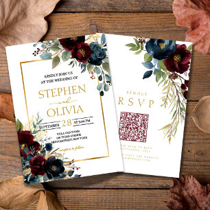 Elegant Burgundy Blommor bröllop QR RSVP Inbjudningar