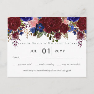 Elegant Burgundy Blue Blommigt Bröllop OSA budget Vykort
