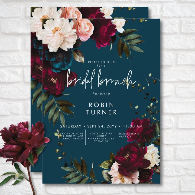 Elegant Burgundy & Blue Blommigt Möhippa Brunch Inbjudningar (Elegant Burgundy & Blue Floral Bridal Brunch Invitation)