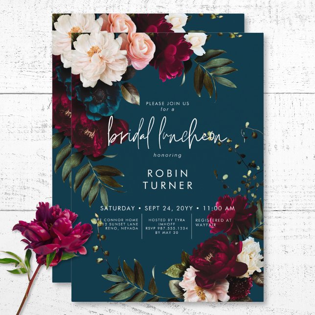 Elegant Burgundy & Blue Blommigt Möhippa Luncheon Inbjudningar (Elegant Burgundy & Blue Floral Bridal Luncheon Invitation)