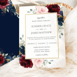 Elegant Burgundy  Blue Ro Blommigt Bröllop Inbjudningar