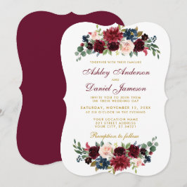 Elegant Burgundy Blue Watercolor Blommigt Bröllop Inbjudningar