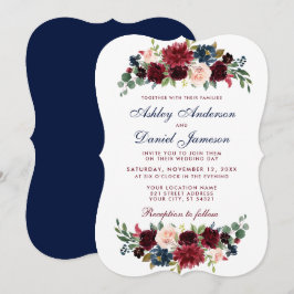 Elegant Burgundy Blue Watercolor Blommigt Bröllop Inbjudningar