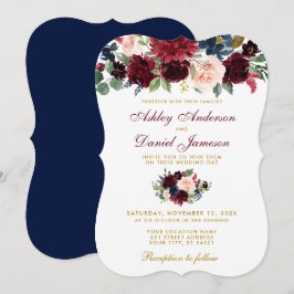 Elegant Burgundy Blue Watercolor Blommigt Bröllop Inbjudningar