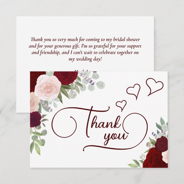 Elegant Burgundy & Blush Boho Rosor Bröllopsdusch Tack Kort (Fram/baksida)