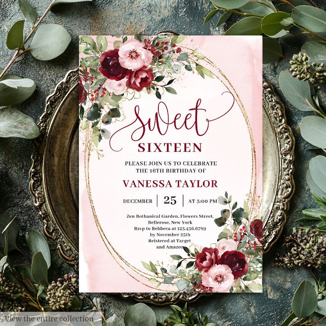 Elegant Burgundy Blush Floral Sweet Sixteen Invite Inbjudningar (Elegant Boho Blush Burgundy Floral Sweet Sixteen Invite

)