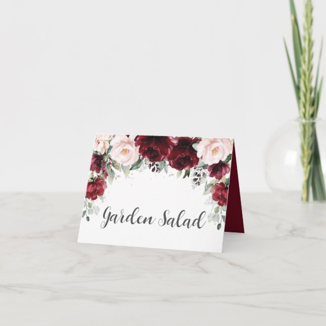 Elegant Burgundy Blush Floral Wedding Food Tent Kort (Framsida)