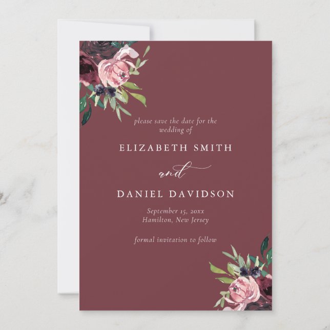 Elegant Burgundy Blush Photo Wedding  Spara Datumet (Baksida)