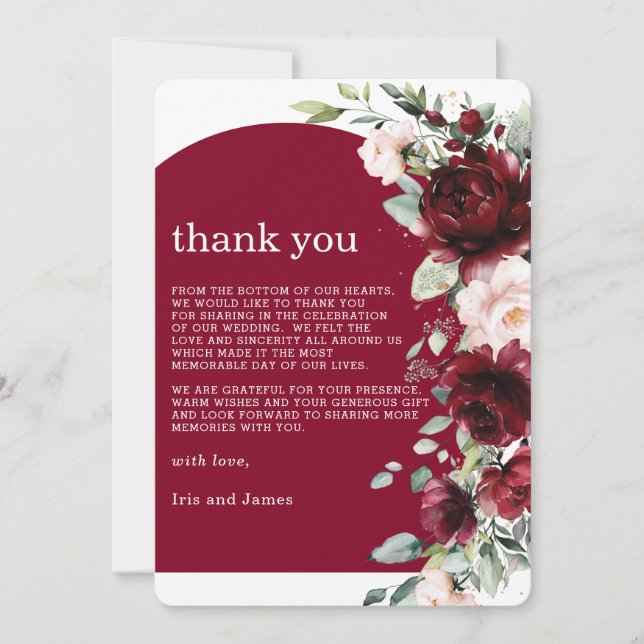 Elegant Burgundy Blush Pink Floral Wedding  Tack Kort (Framsida)