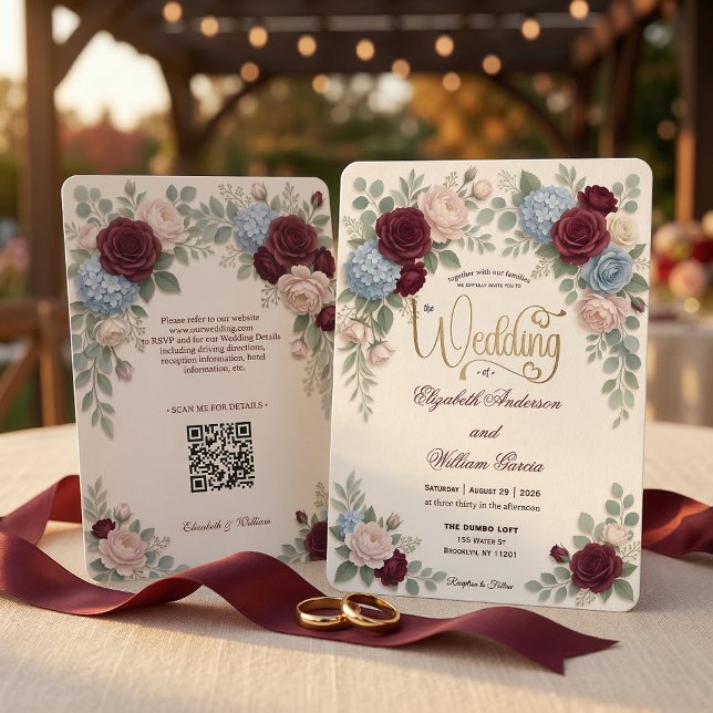 Elegant Burgundy Blush Pink Modern QR Code Wedding Inbjudningar (Skapare uppladdad)