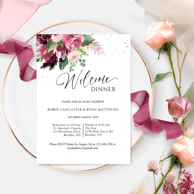 Elegant Burgundy Blush Pink Welcome Dinner Inbjudningar (Skapare uppladdad)