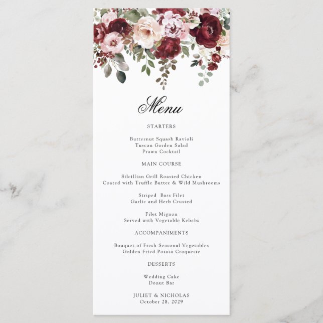 Elegant Burgundy & Blush Watercolor Blommig Bröllo Meny (Framsida)