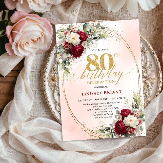 Elegant Burgundy Boho Botanical 80th Birthday   Inbjudningar (Elegant Burgundy Boho Botanical 80th Birthday Invitation)