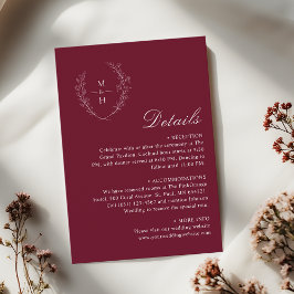 Elegant Burgundy Boho Monogram Wedding Details Tilläggskort