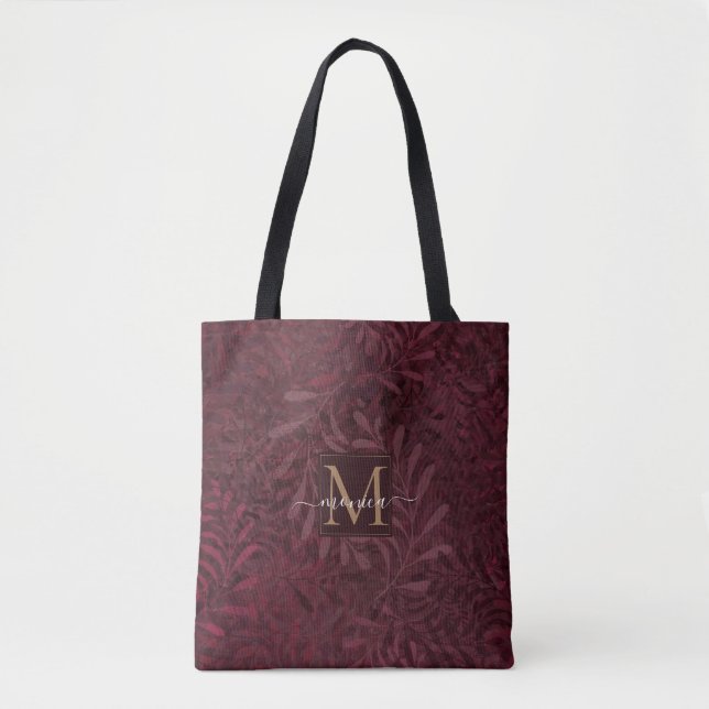 Elegant Burgundy Botanical Garden Guld Monogrammed Tygkasse (Framsida)