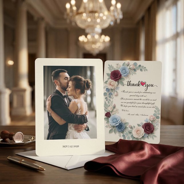 Elegant Burgundy Botanical Photo Wedding  Tack Kort (Skapare uppladdad)