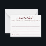 Elegant Burgundy Bröllop Bucket List Advice-kort Rådkort<br><div class="desc">Dessa charmerande bröllop-hakerkort kommer att vara ett perfekt alternativ till ett traditionellt gäst bok. Alla gäster pratar om de bästa idéerna för nylingarna att besöka eller göra. De här burgundykorten innehåller ord "bucket list Help us plan a life of äventyr" och rymmer utrymme för namn och namn och bröllop på...</div>