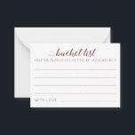 Elegant Burgundy Bröllop Bucket List Advice-kort Rådkort<br><div class="desc">Dessa charmerande bröllop-hakerkort kommer att vara ett perfekt alternativ till ett traditionellt gäst bok. Alla gäster pratar om de bästa idéerna för nylingarna att besöka eller göra. De här burgundykorten innehåller ord "bucket list Help us plan a life of äventyr" och rymmer utrymme för namn och namn och bröllop på...</div>